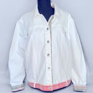 SAG HARBOR JEAN COMPANY WOMENS WHITE DENIM JACKET WITH PASTEL PLAID TRIM SIZE XL
